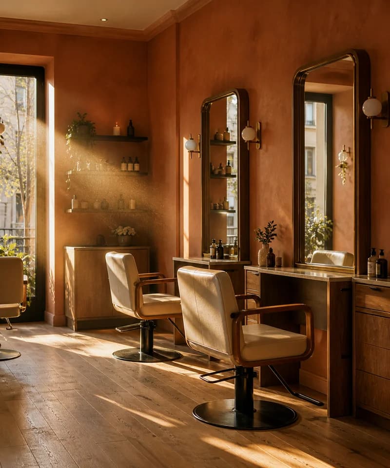 Interior cálido de peluquería con butacas y espejos, ambiente acogedor