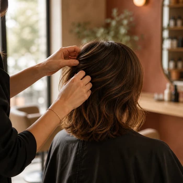 Estilista cortando el pelo a una clienta tranquilamente mientras Tommy atiende llamadas