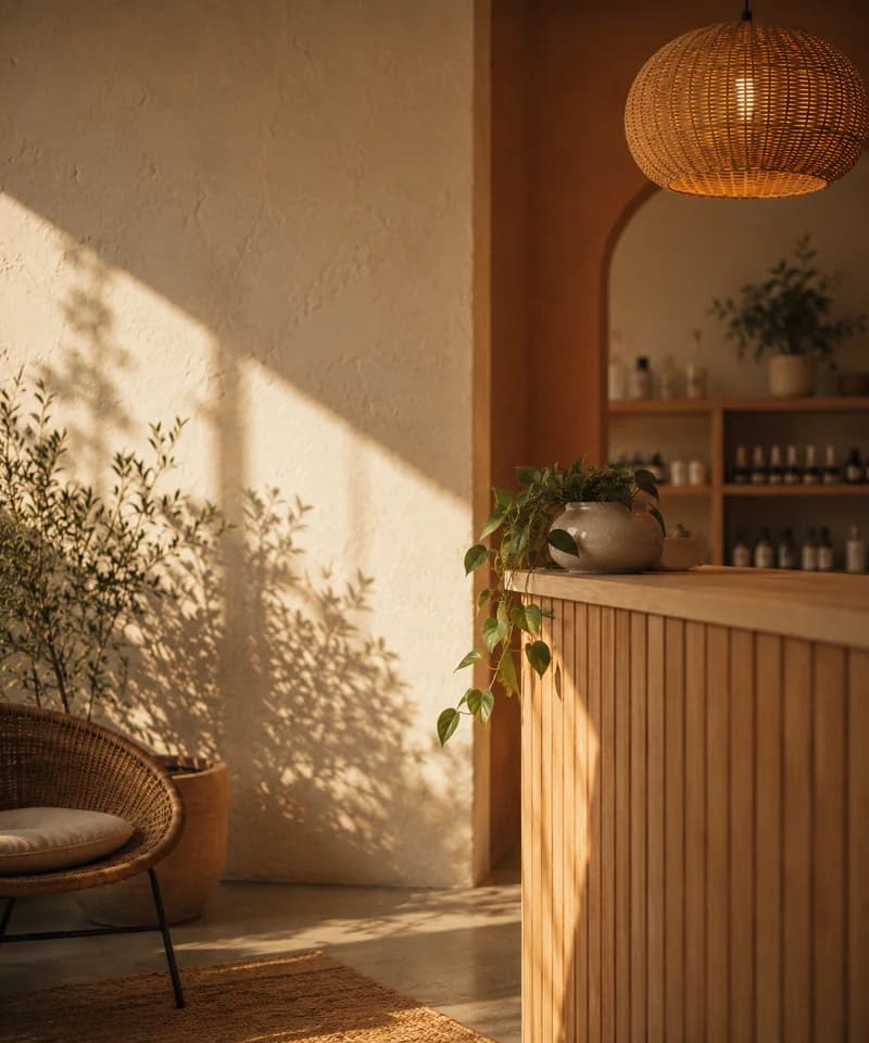 Interior luminoso de centro de estética con camillas y ambiente cálido y acogedor